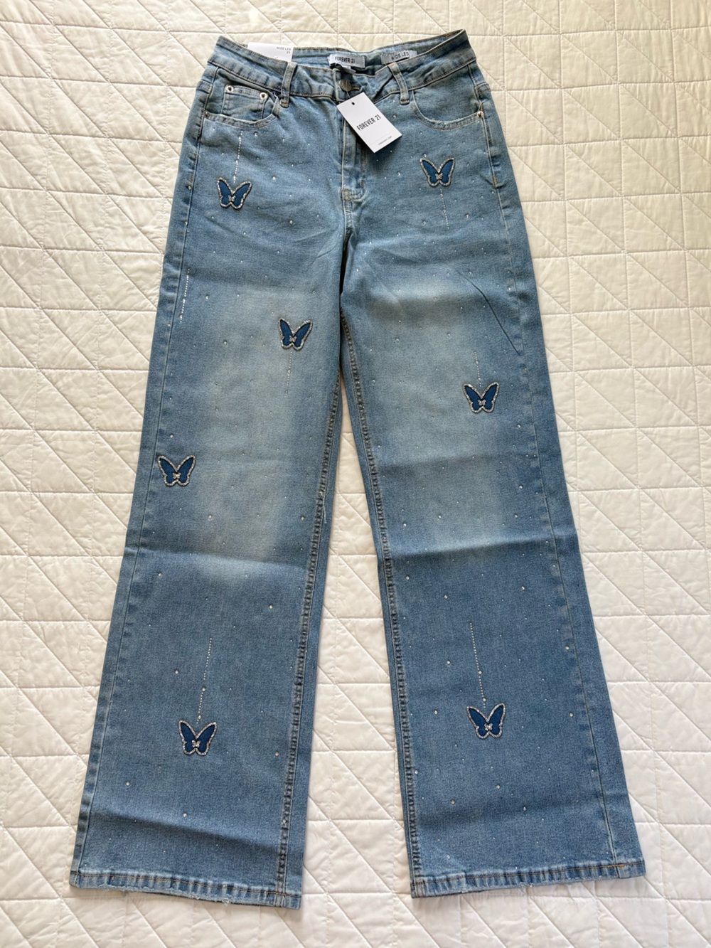Forever 21 Butterfly Rhinestone Wide Leg Jeans Light Denim - Women’s Size 25 NWT